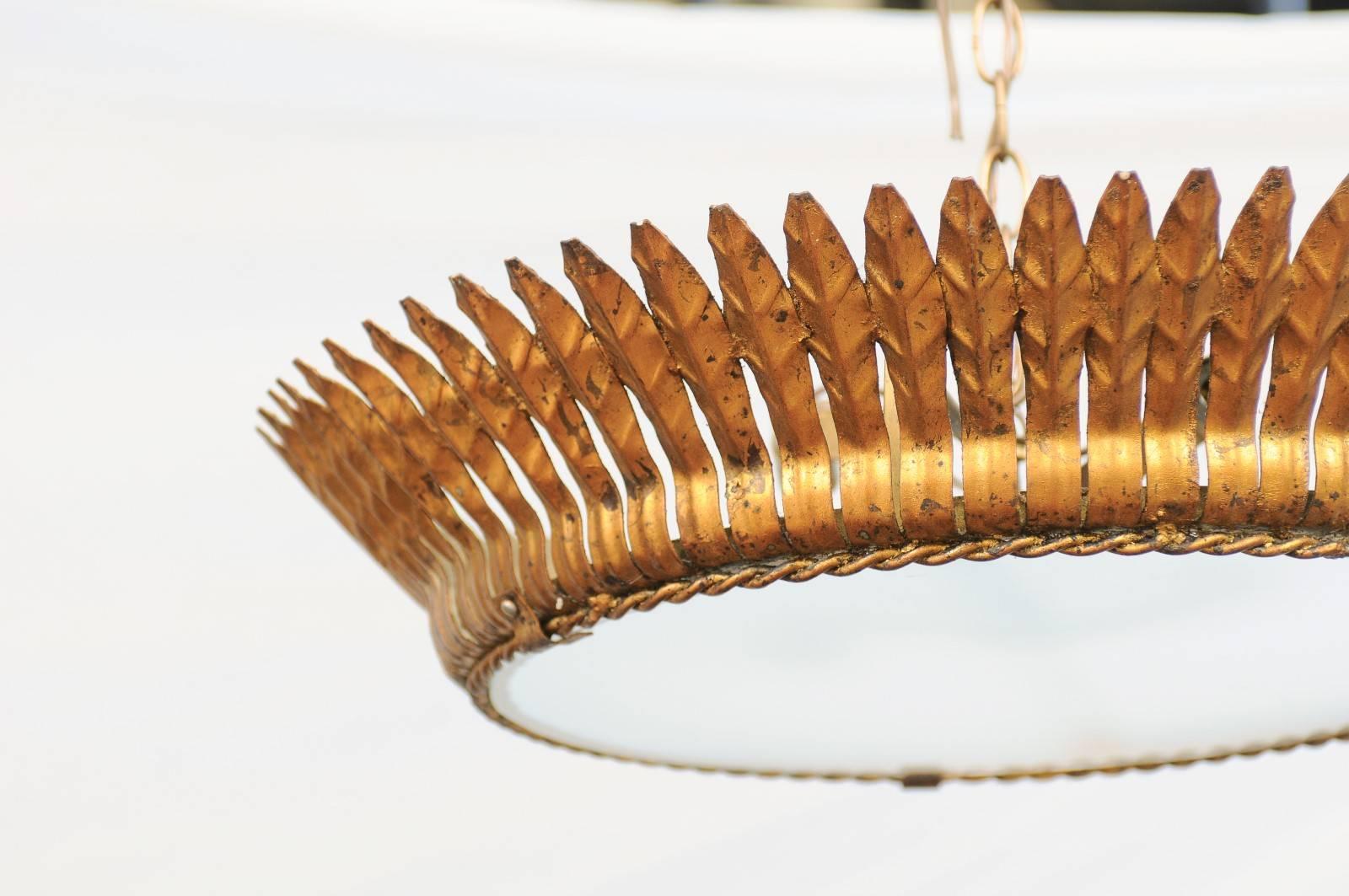 20th Century Spanish Two-Light Gilt Metal Crown Chandelier with Leaves and Frosted Glass