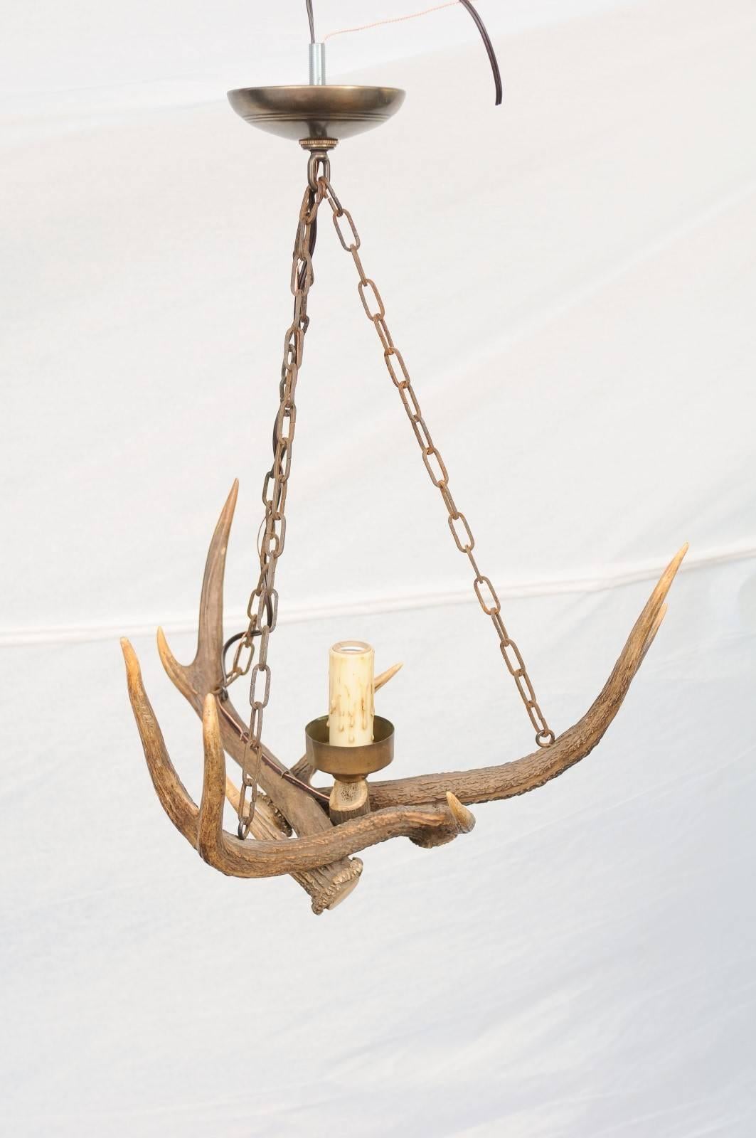 20th Century French Country Single-Light Antler Chandelier circa 1920, Two Available