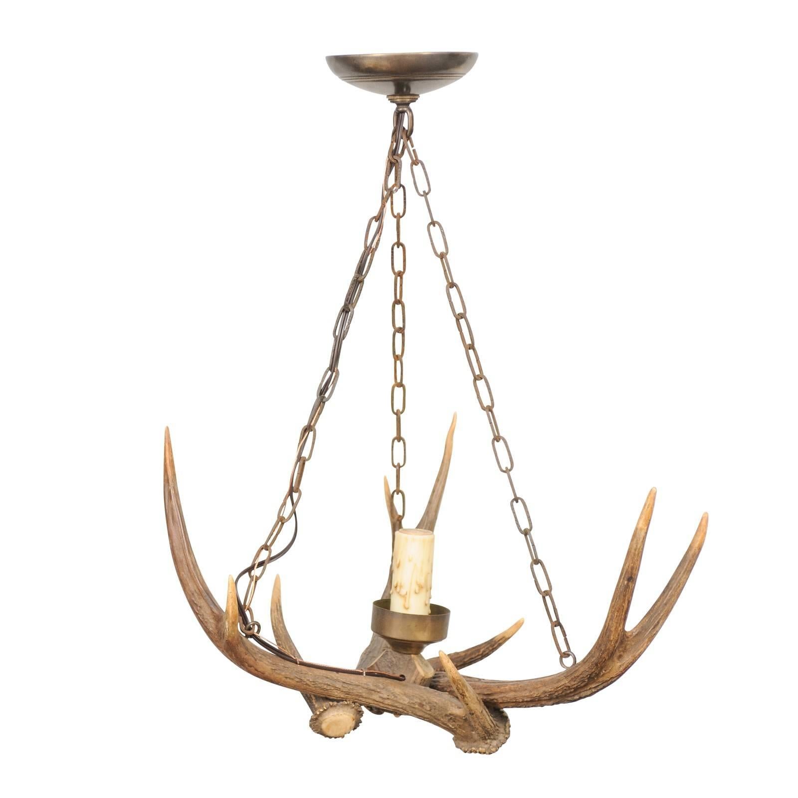 French Country Single-Light Antler Chandelier circa 1920, Two Available