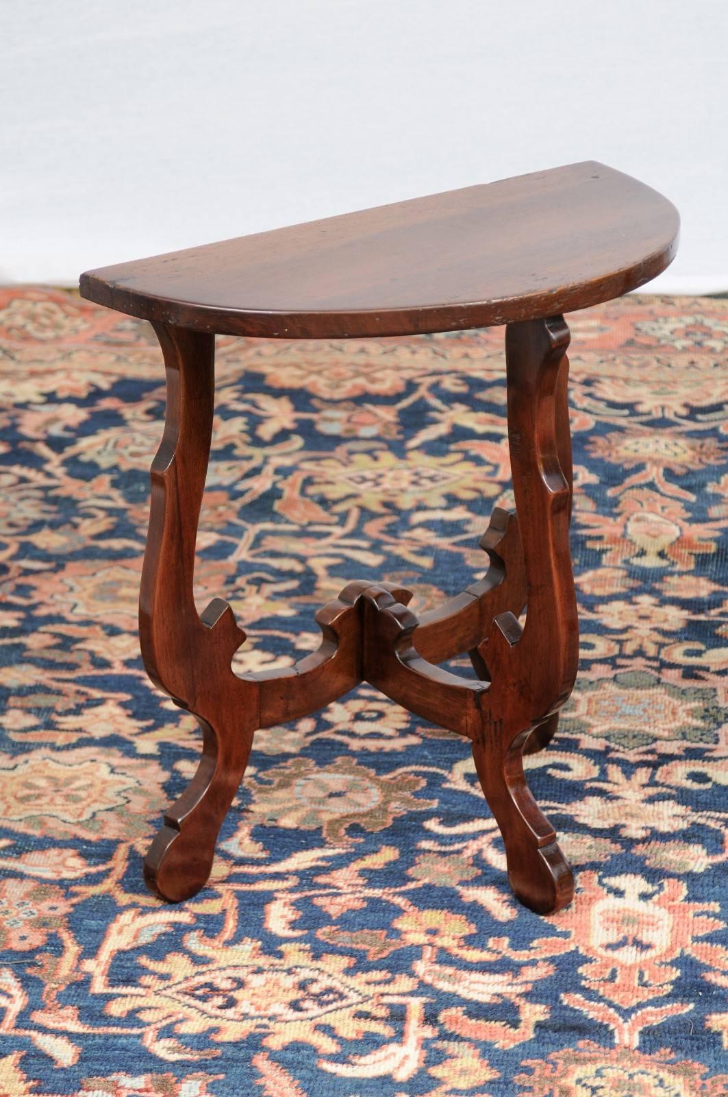 Carved Pair of Petite Italian Baroque Style Demilune Tables with Lyre Legs, circa 1870