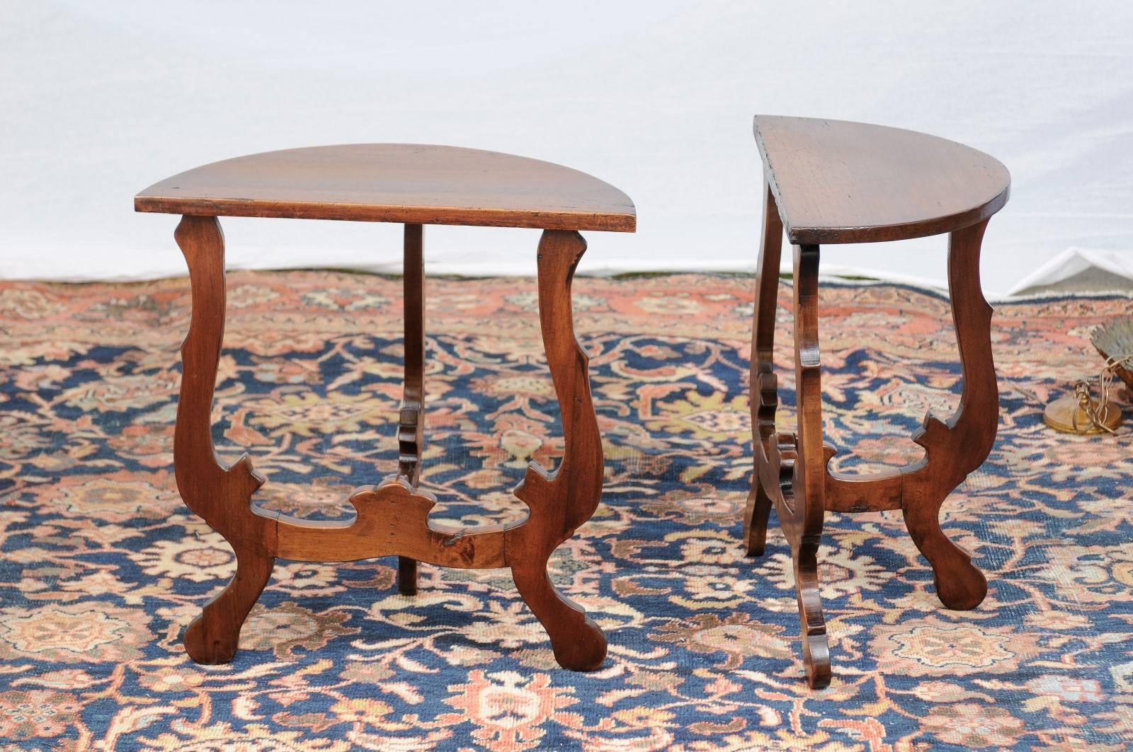 19th Century Pair of Petite Italian Baroque Style Demilune Tables with Lyre Legs, circa 1870