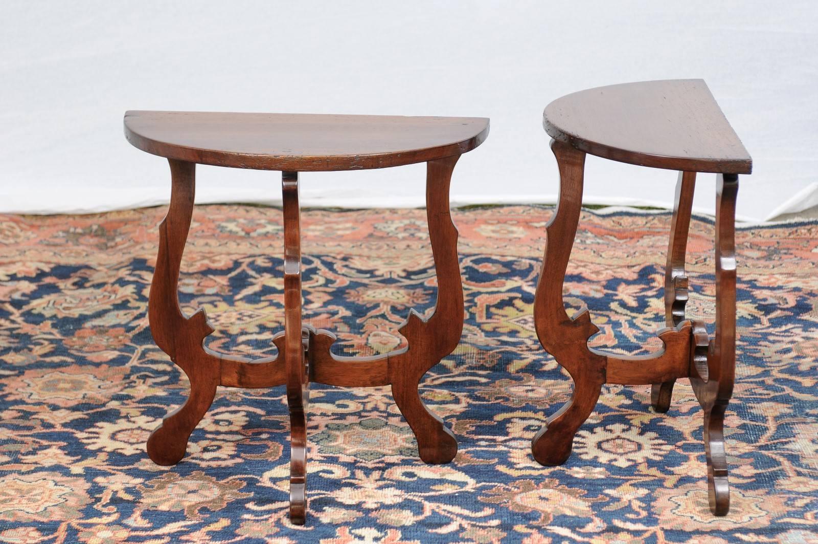 Wood Pair of Petite Italian Baroque Style Demilune Tables with Lyre Legs, circa 1870