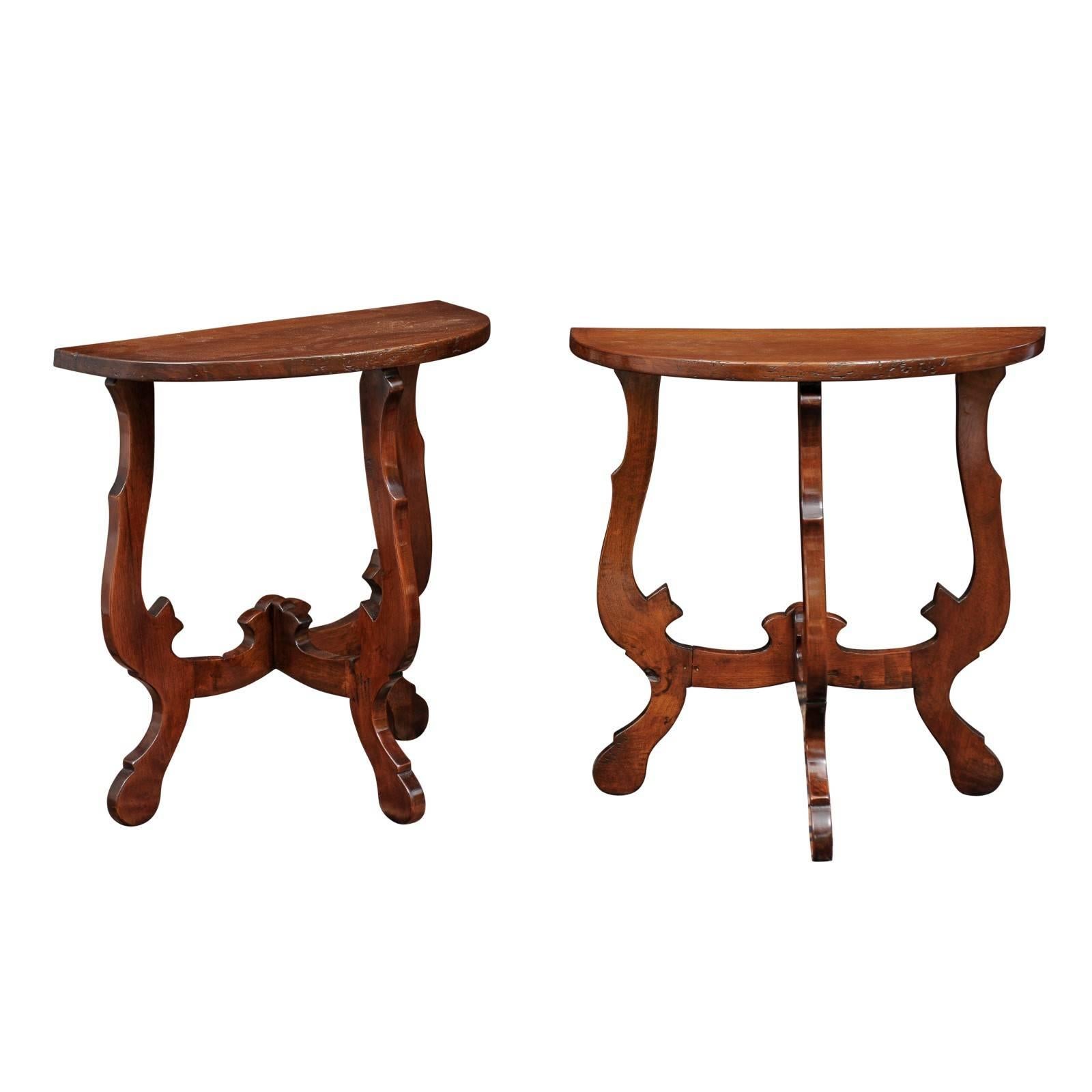 Pair of Petite Italian Baroque Style Demilune Tables with Lyre Legs, circa 1870