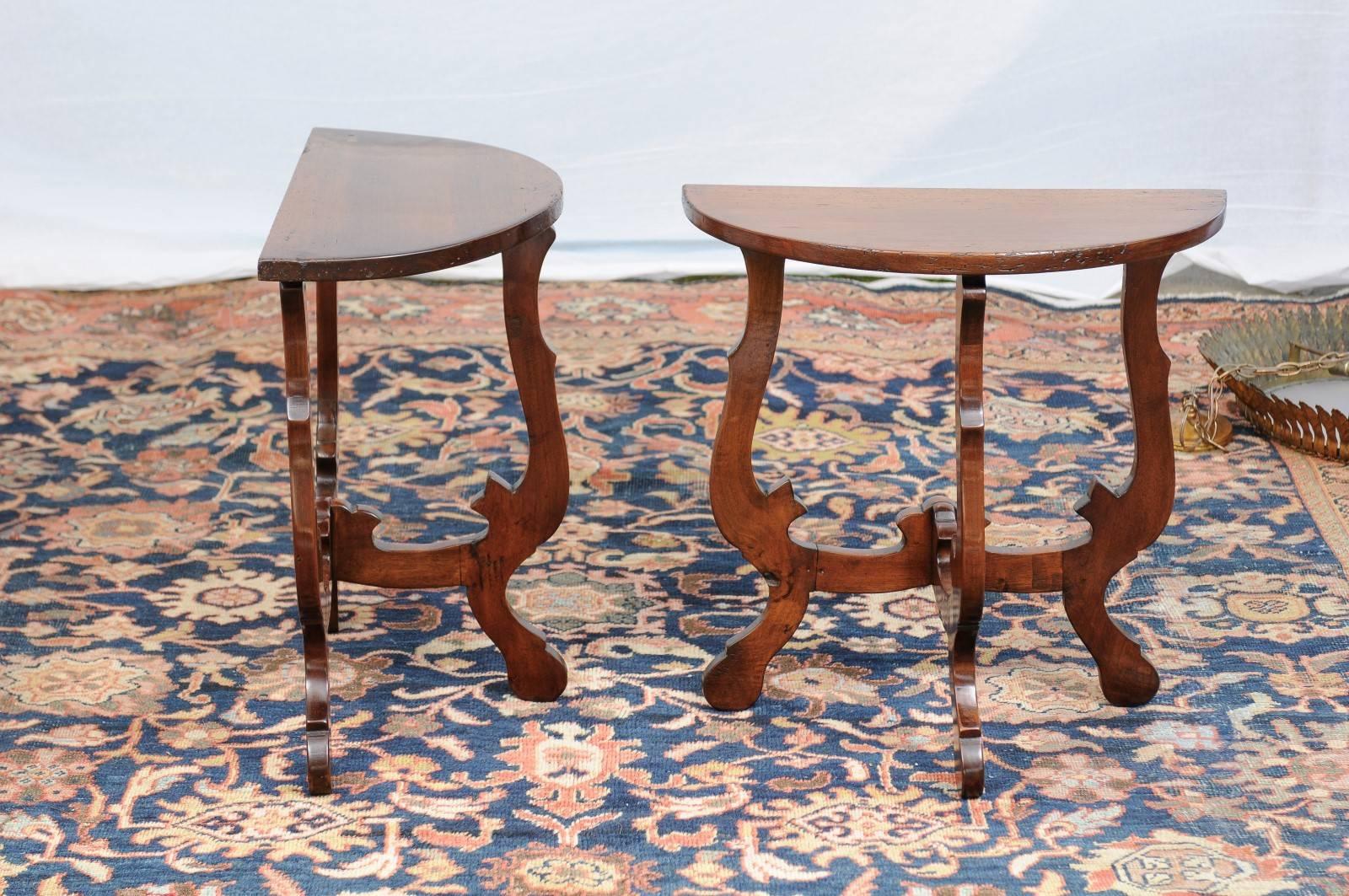 Pair of Petite Italian Baroque Style Demilune Tables with Lyre Legs, circa 1870 2