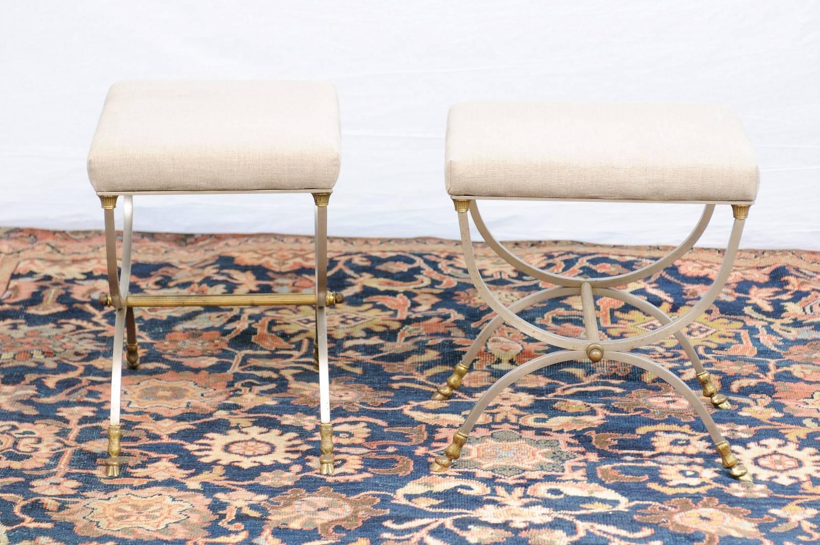 Mid-Century Modern Pair of Italian Maison Jansen Style Steel and Brass Curule Upholstered Stools