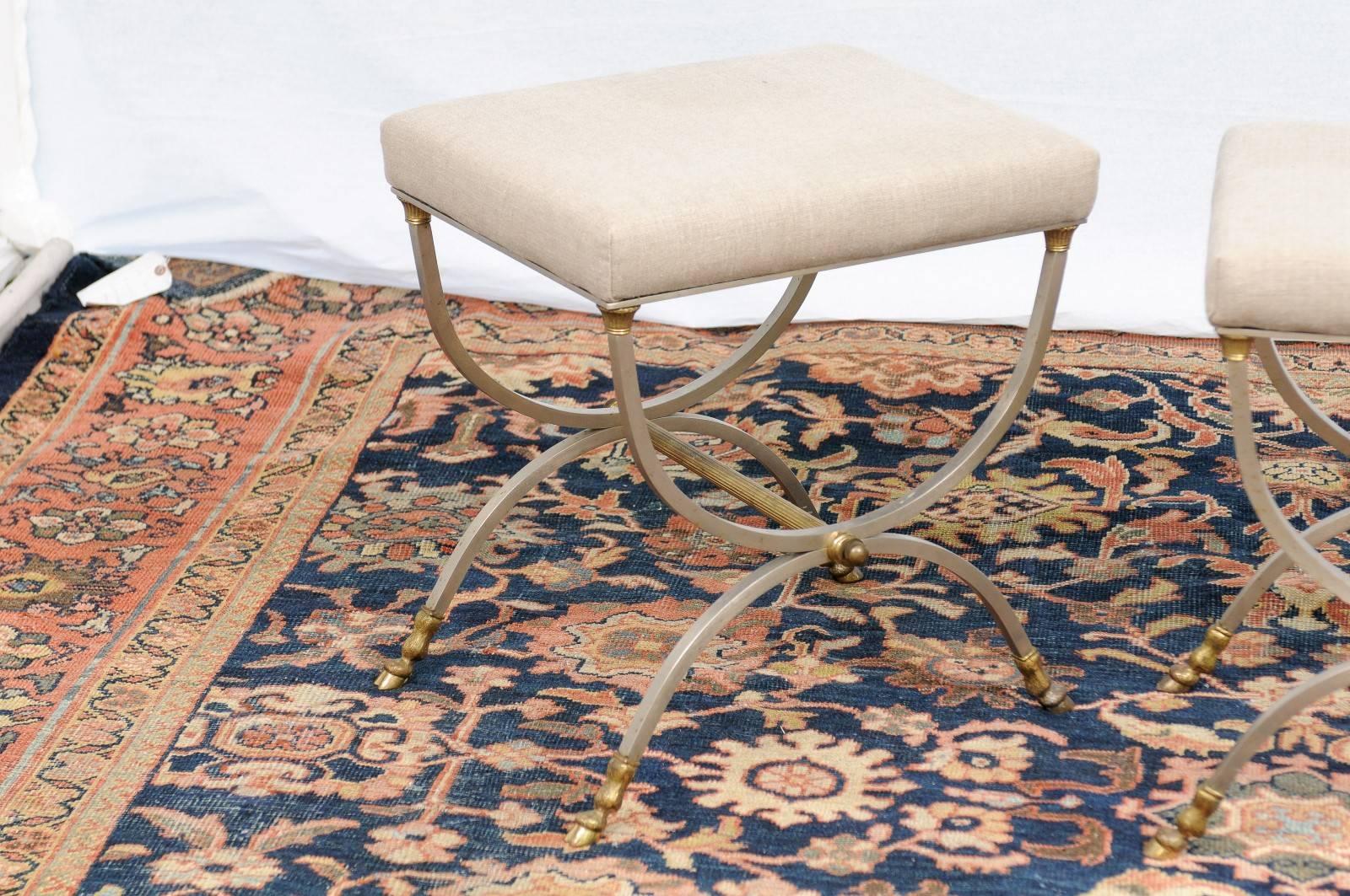 Pair of Italian Maison Jansen Style Steel and Brass Curule Upholstered Stools In Excellent Condition In Atlanta, GA
