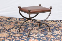 English Mid-Century Modern Curule Style Stool with Leather Seat and Iron Base
