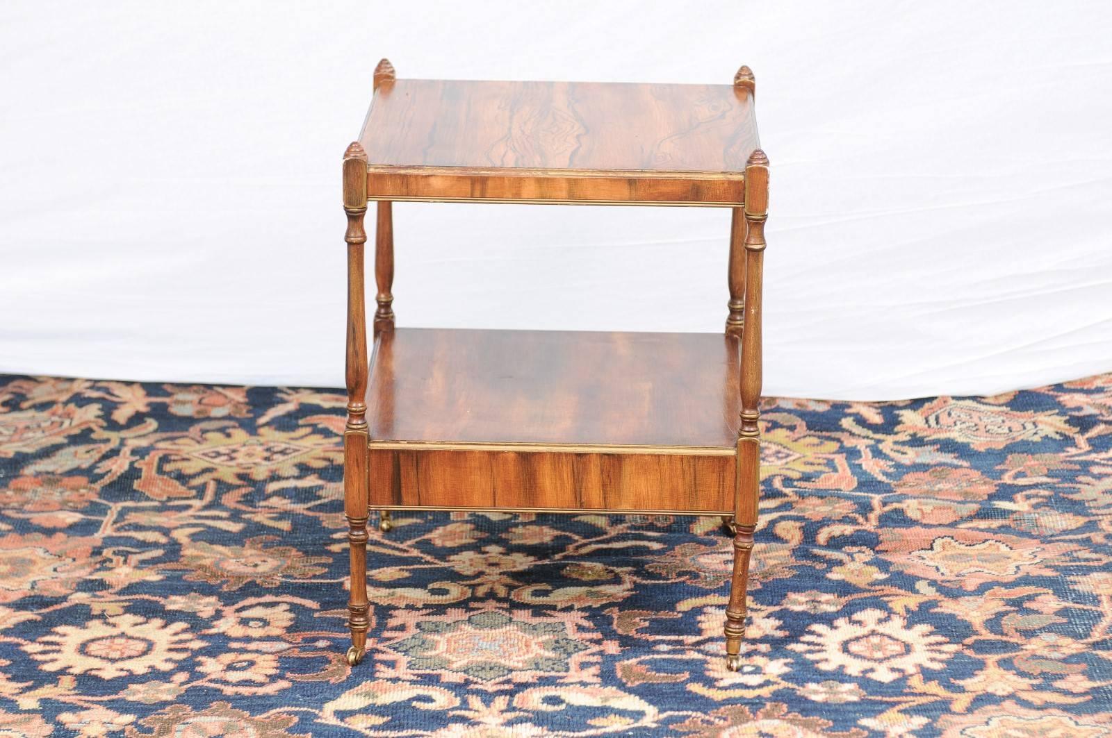 Brass English Two-Tiered Side Table with Faux Bois Finish on Casters, circa 1920