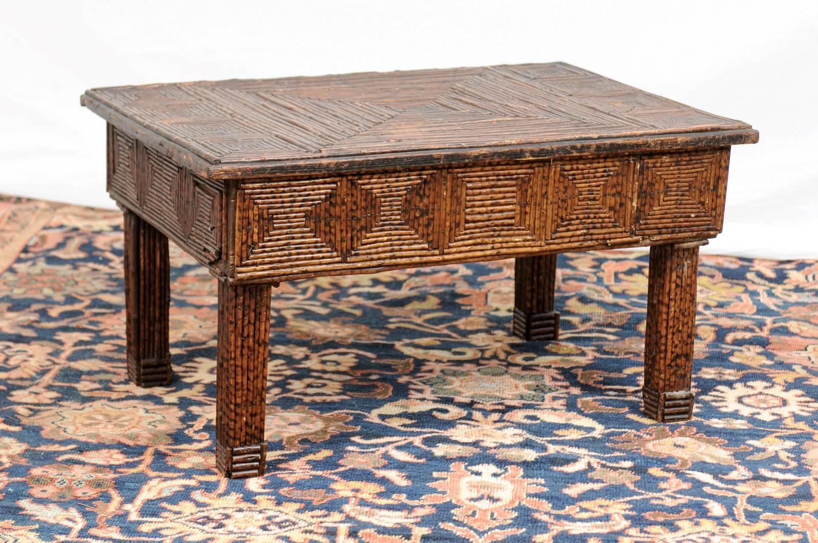English Late 19th Century Twig Coffee Table with Diamond Shaped Motifs 1