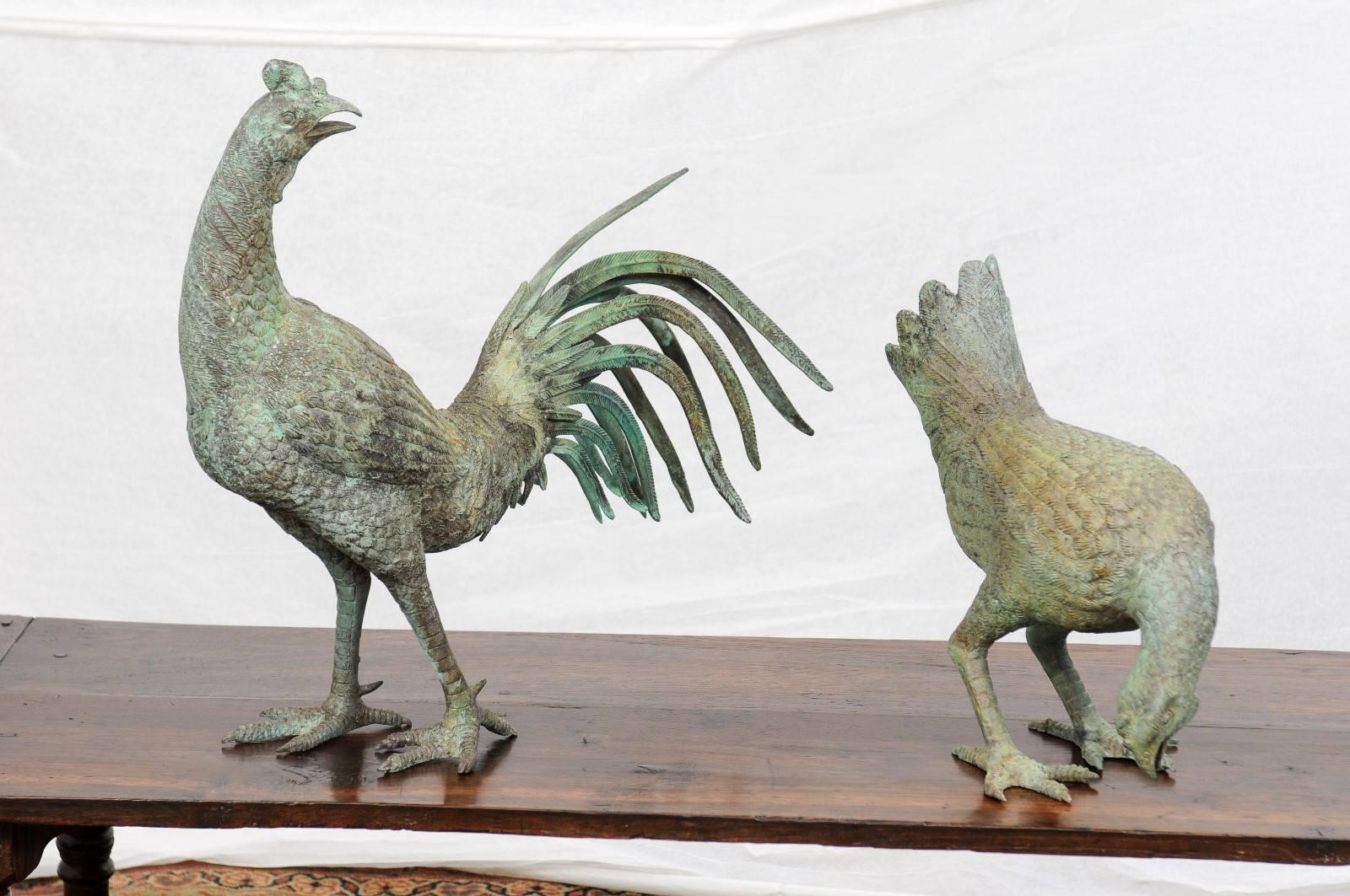 This pair of Italian bronze chicken sculptures (a rooster and a hen) from the mid-20th century is quite stunning. Their large size (the tallest one is 20.75