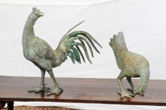 Pair of Italian Bronze Rooster and Hen Sculptures from the Mid-20th Century