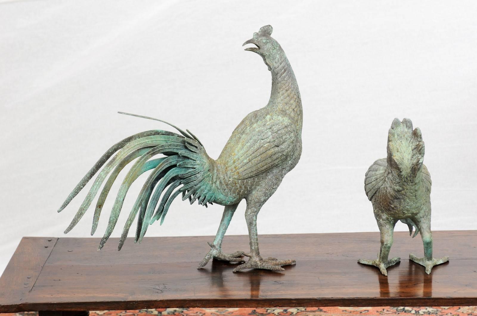 Mid-Century Modern Pair of Italian Bronze Rooster and Hen Sculptures from the Mid-20th Century