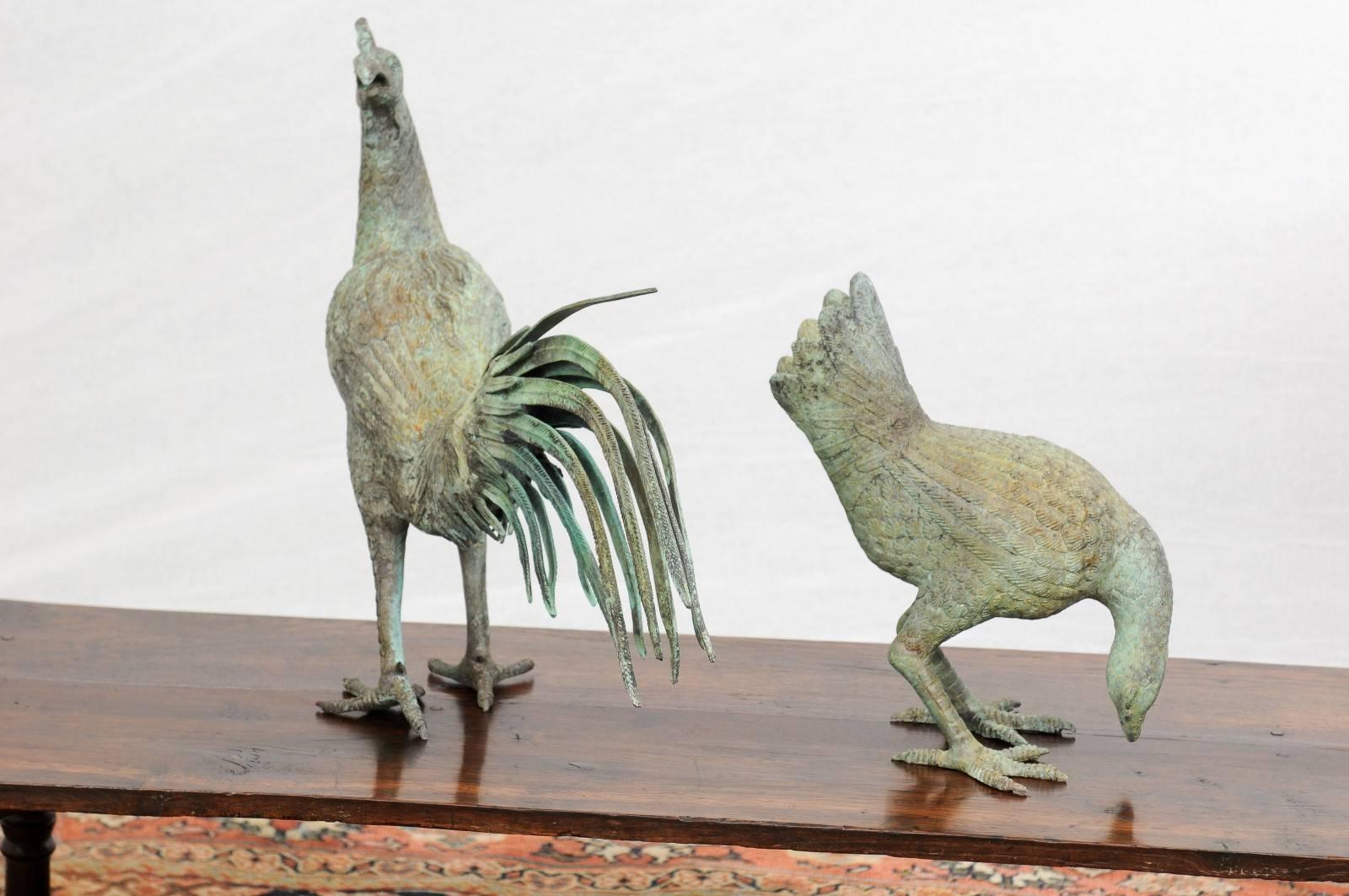 Pair of Italian Bronze Rooster and Hen Sculptures from the Mid-20th Century In Good Condition In Atlanta, GA