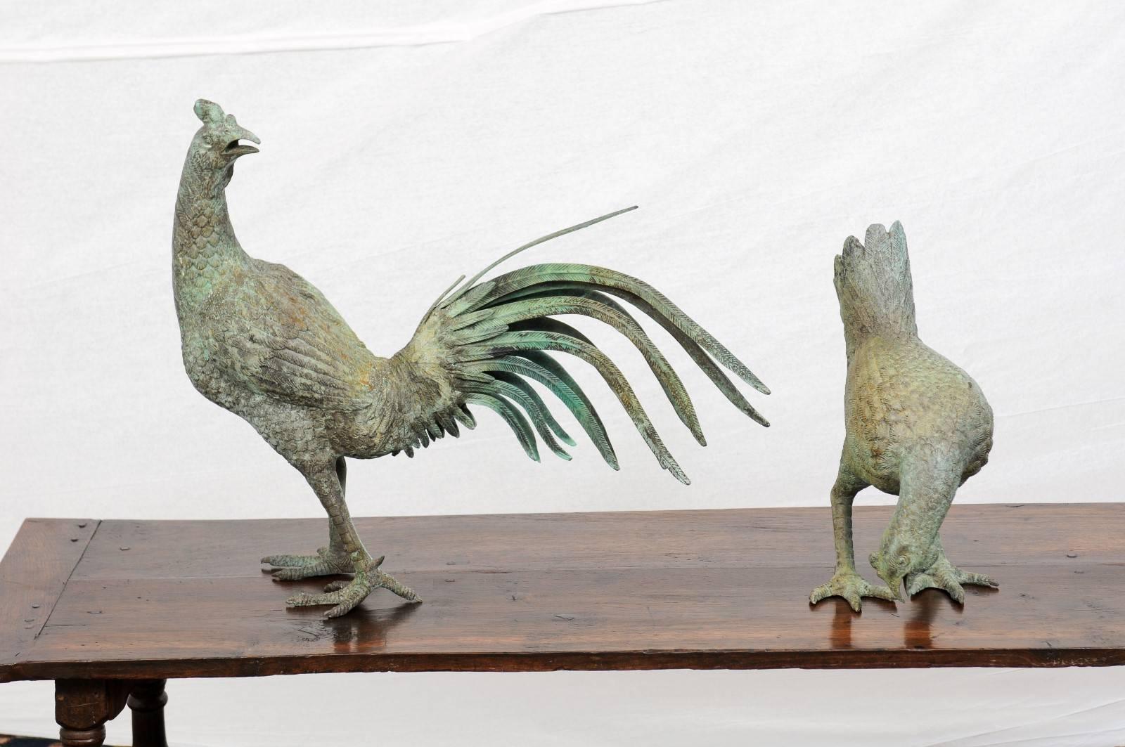 Pair of Italian Bronze Rooster and Hen Sculptures from the Mid-20th Century 1