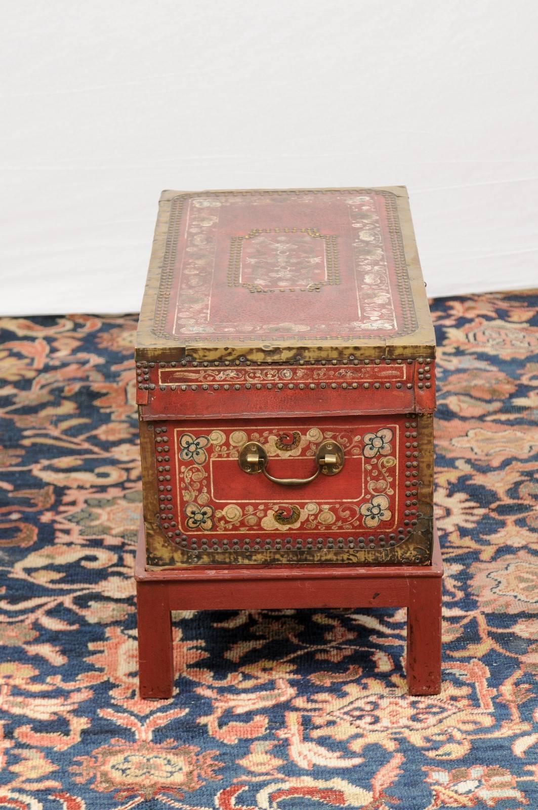English Camphor Wood Trunk on Stand with Red Painted Leather and Floral Motifs In Good Condition In Atlanta, GA