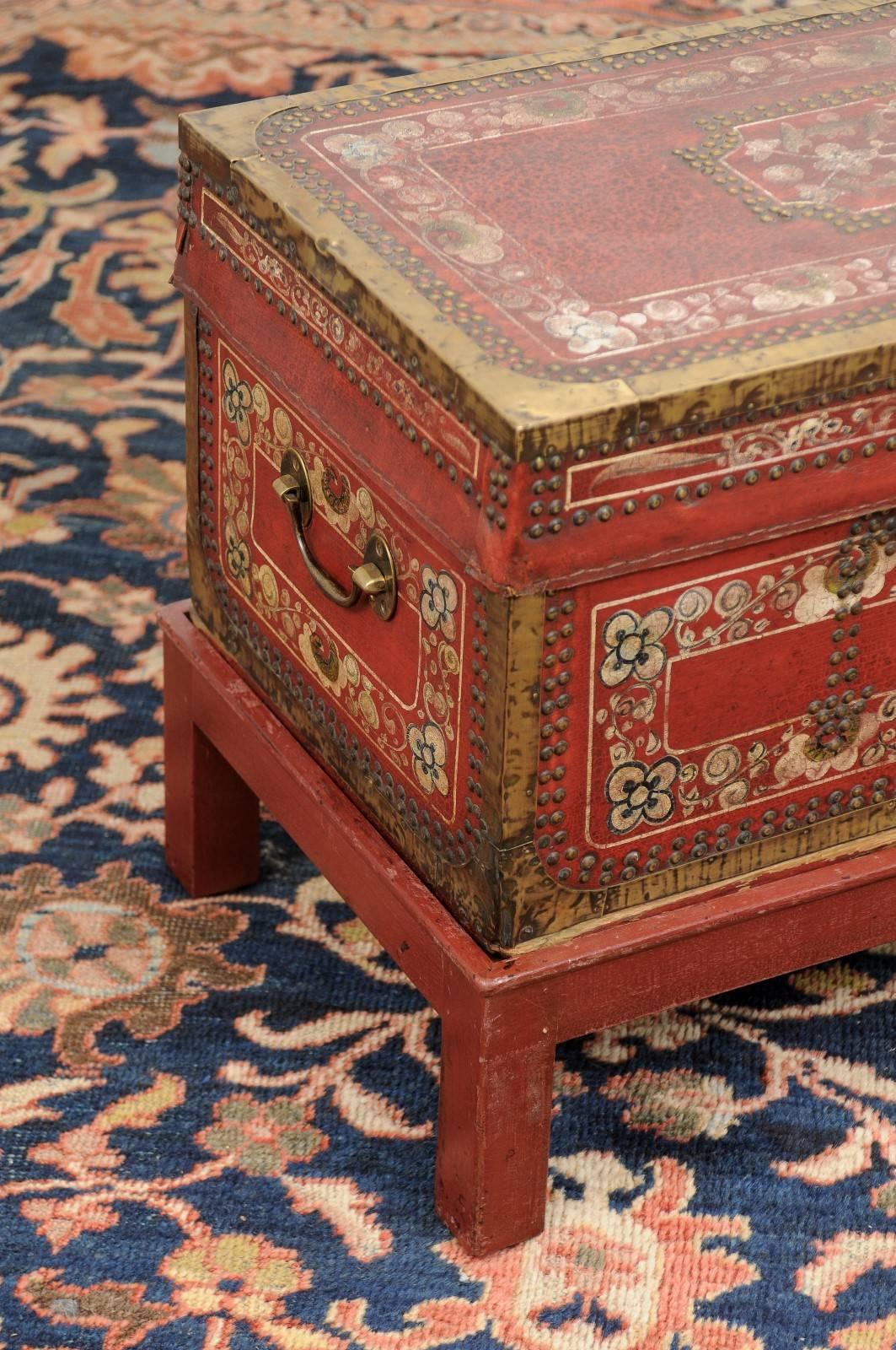 19th Century English Camphor Wood Trunk on Stand with Red Painted Leather and Floral Motifs