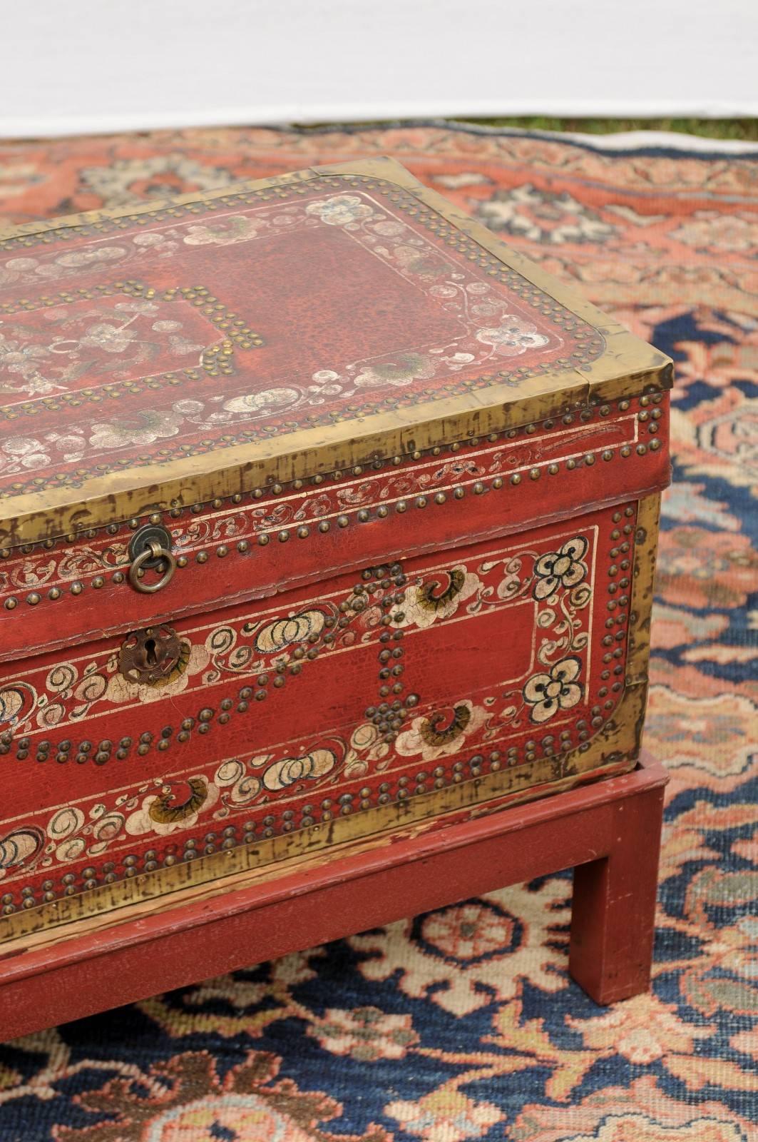 Brass English Camphor Wood Trunk on Stand with Red Painted Leather and Floral Motifs