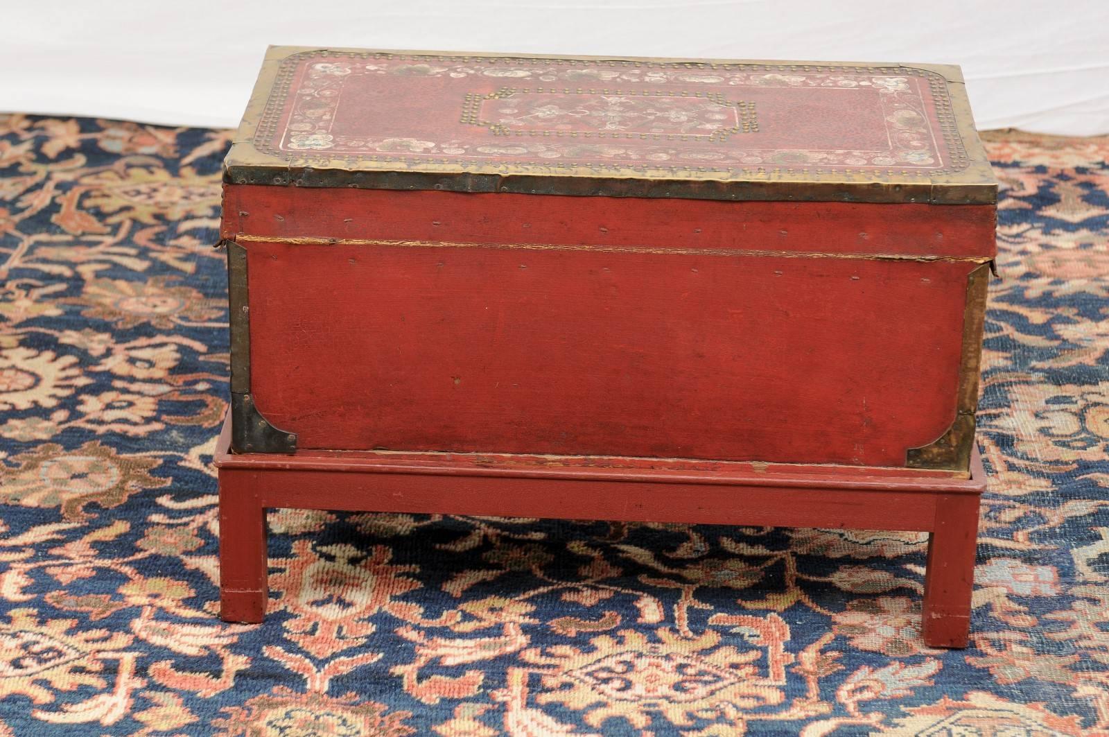 English Camphor Wood Trunk on Stand with Red Painted Leather and Floral Motifs 1