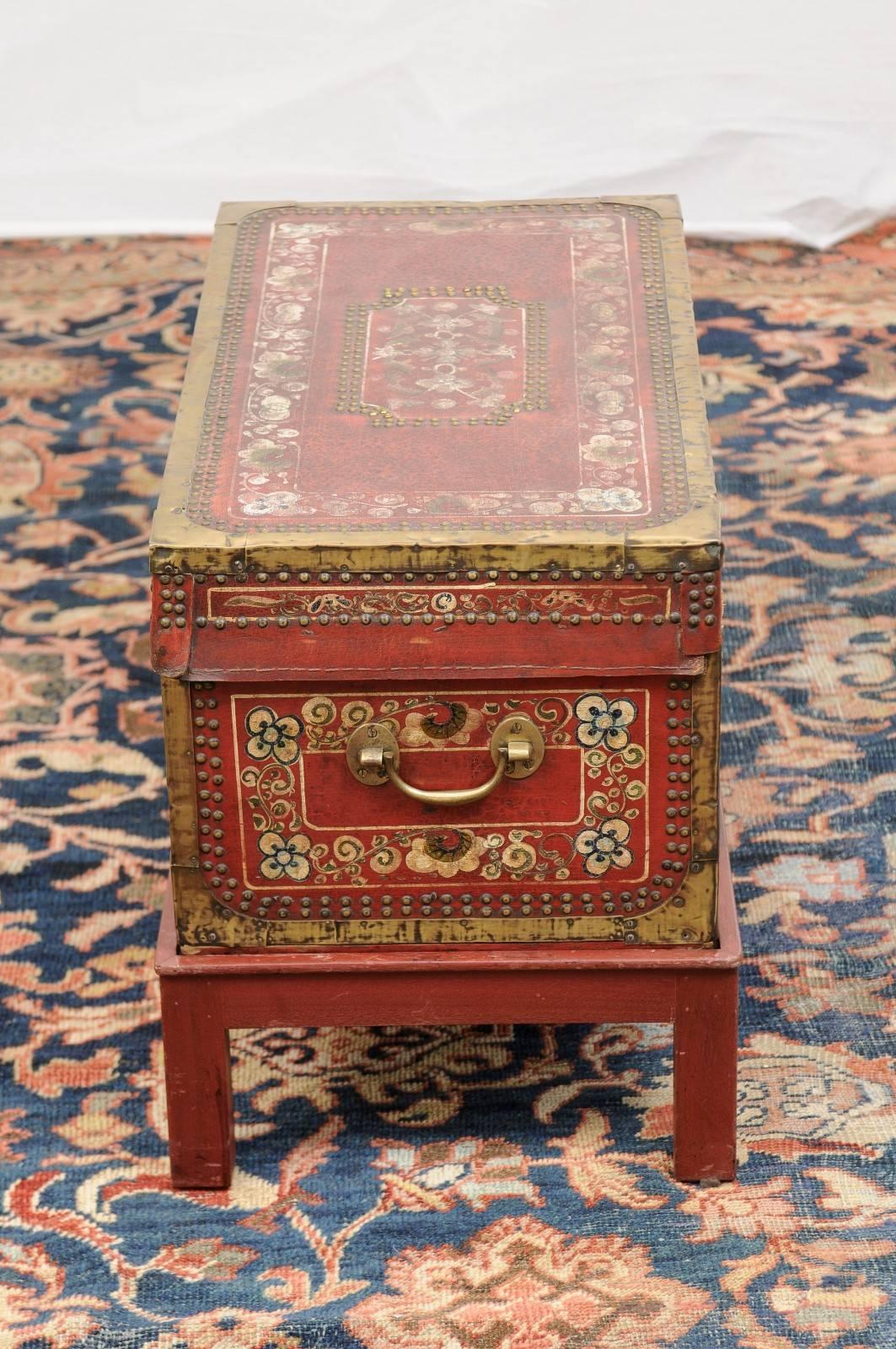 English Camphor Wood Trunk on Stand with Red Painted Leather and Floral Motifs 2