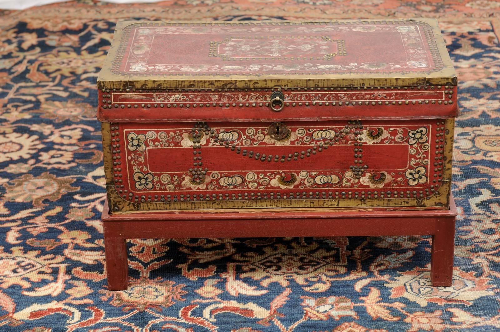 English Camphor Wood Trunk on Stand with Red Painted Leather and Floral Motifs 3