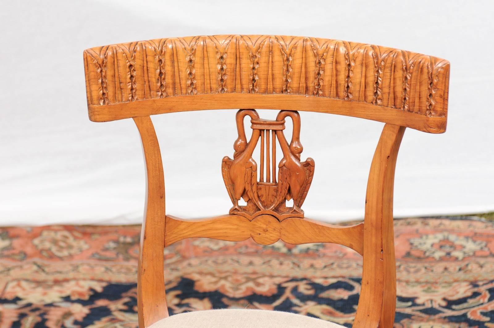 Upholstery Pair of Italian Neoclassical Side Chairs with Swans and Lyre from the 1850s For Sale