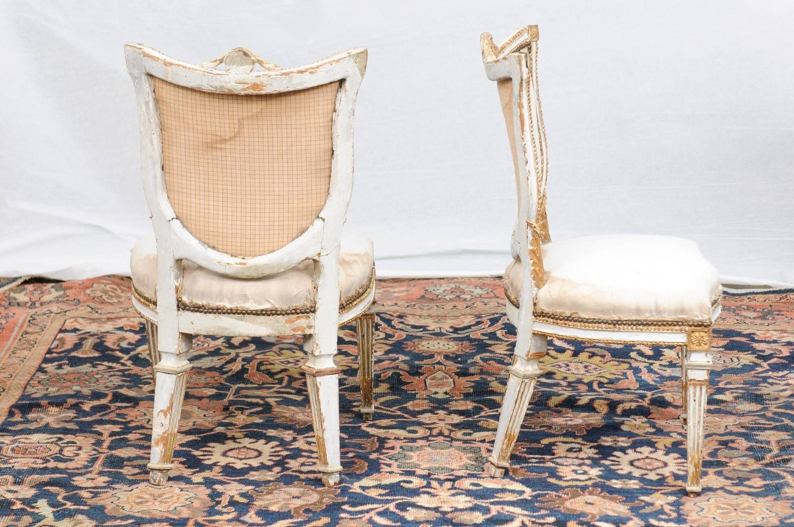 Pair of Italian Neoclassical Painted and Gilded Side Chairs with Shield Backs 1