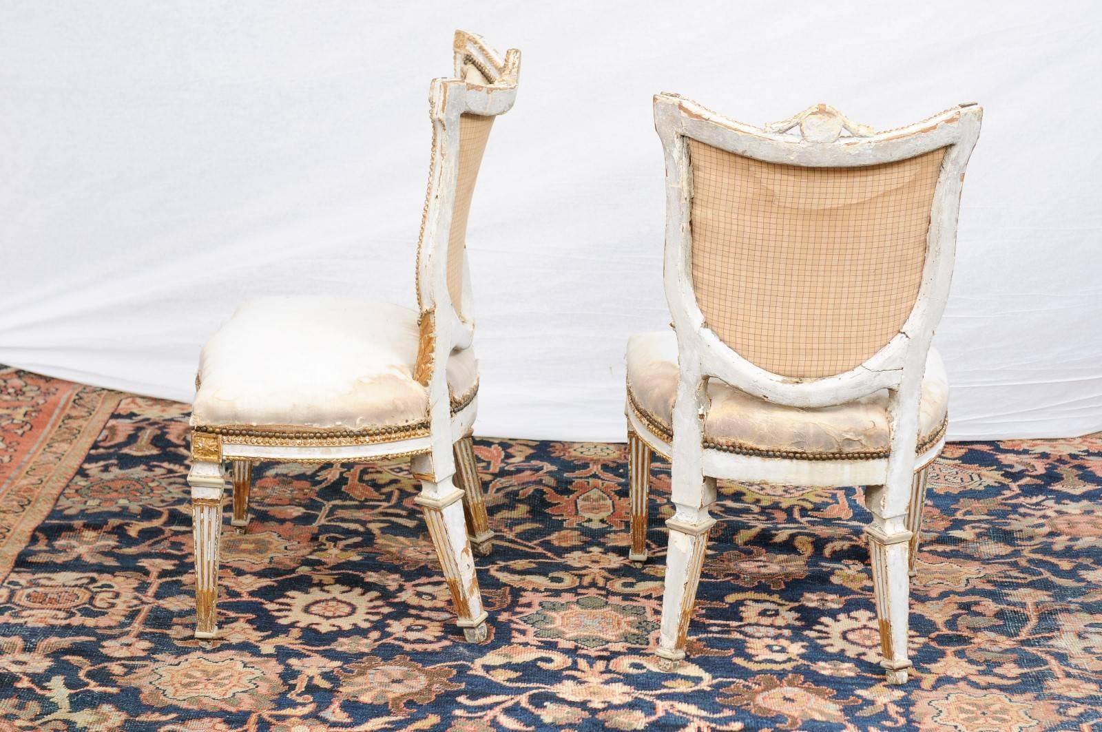 Pair of Italian Neoclassical Painted and Gilded Side Chairs with Shield Backs 2