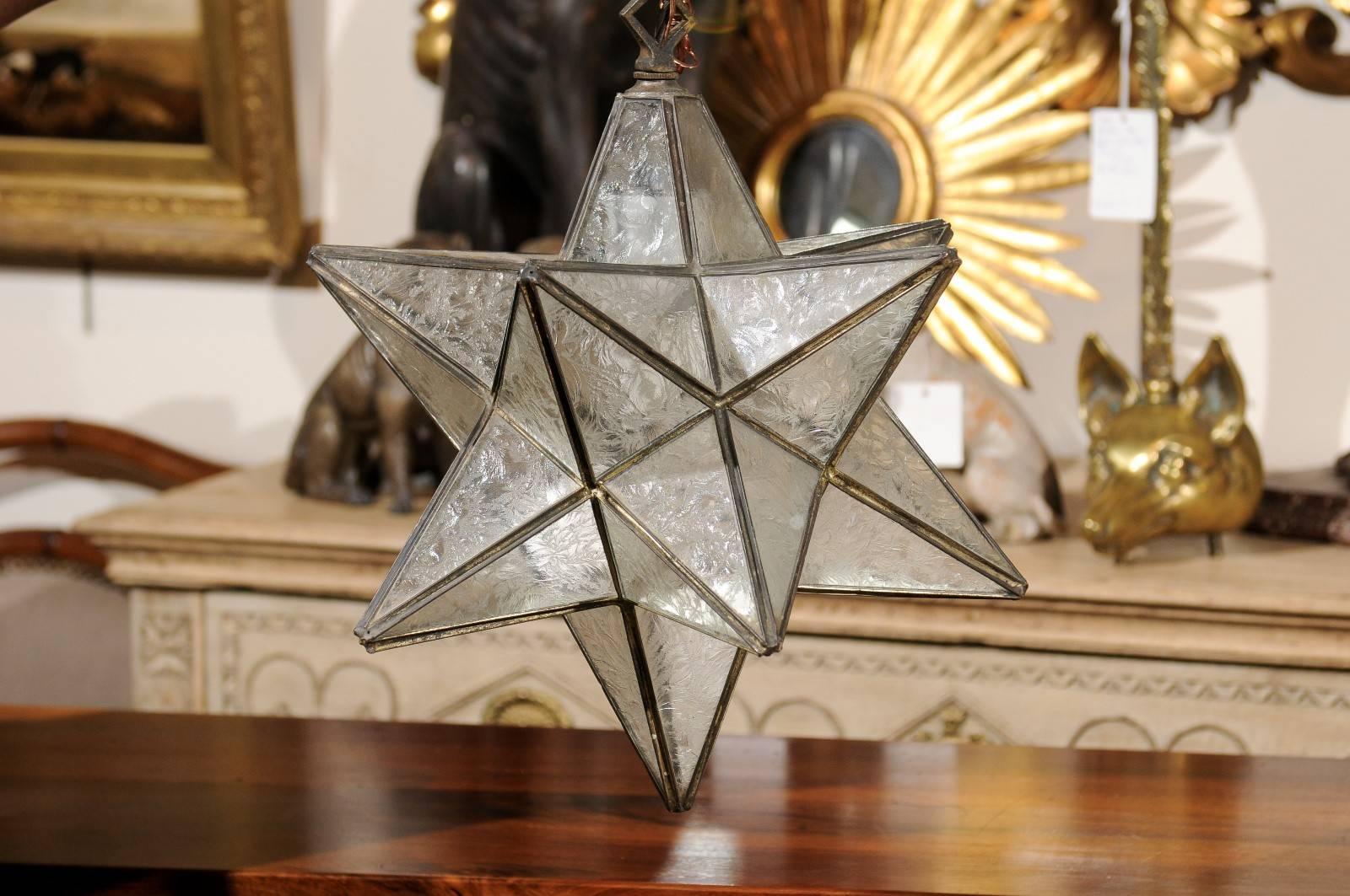 Mid-Century Modern French Mid-Century Star Light Pendant with Metal Frame and Etched Glass Panels