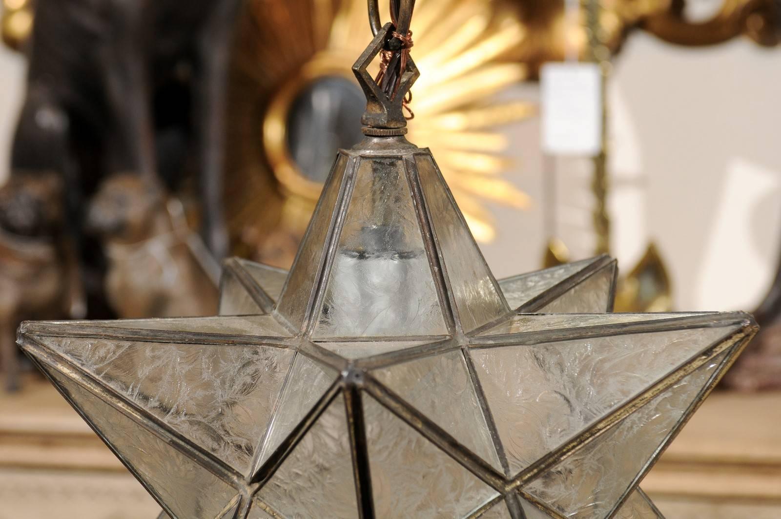 French Mid-Century Star Light Pendant with Metal Frame and Etched Glass Panels In Excellent Condition In Atlanta, GA