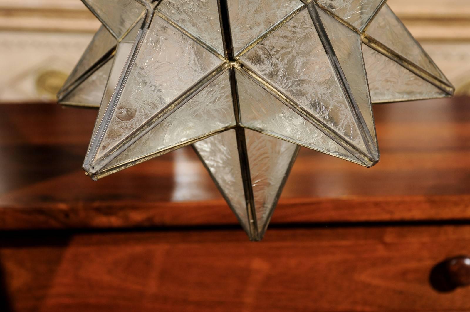20th Century French Mid-Century Star Light Pendant with Metal Frame and Etched Glass Panels