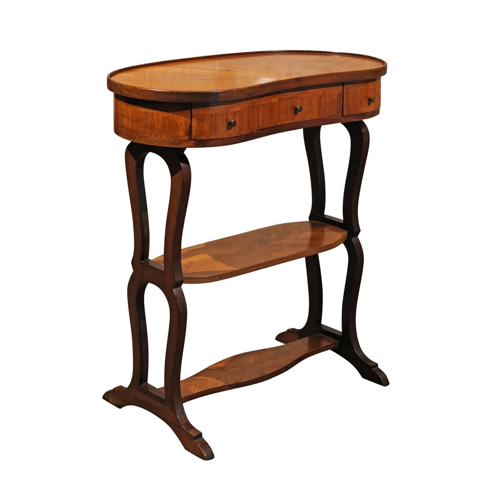 French Inlaid Bean-Shaped Tiered Small Side Table from the 1920s