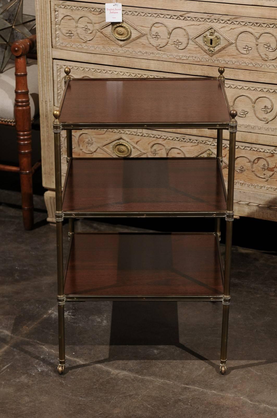 20th Century English Vintage Brass and Mahogany Three-Tiered Trolley Raised on Casters For Sale
