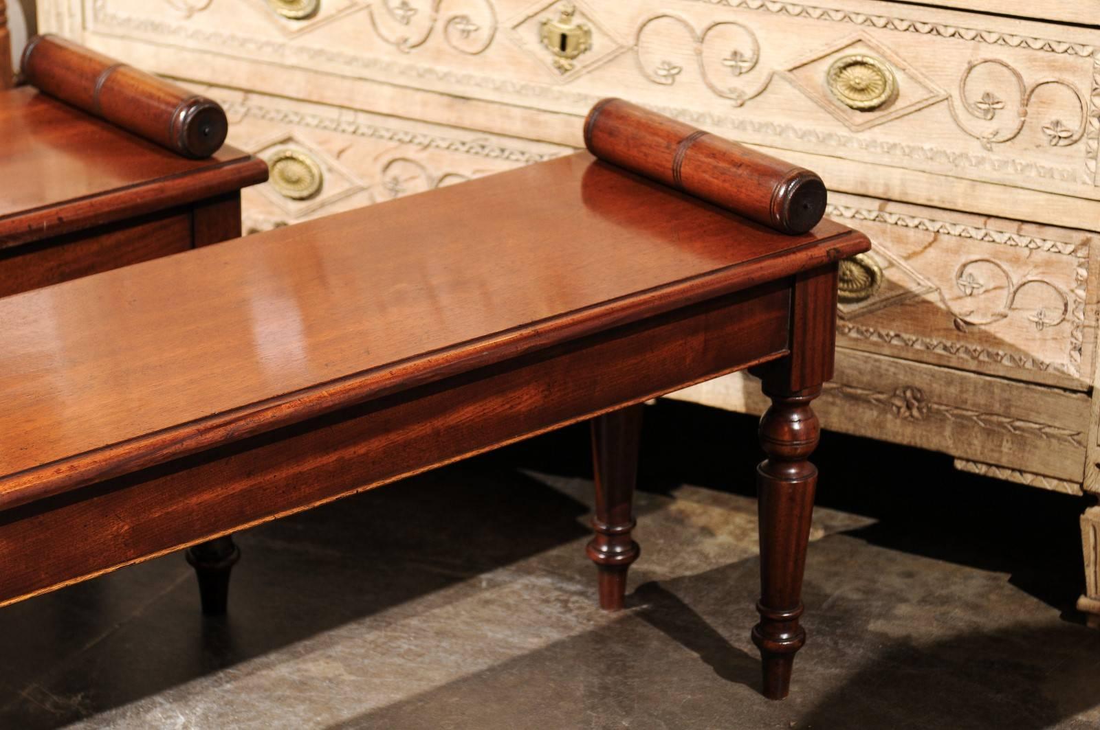 English Mid-19th Century Wooden Hall Benches with Cylindrical Armrests 1