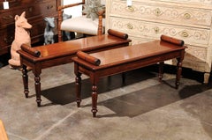 English Mid-19th Century Wooden Hall Benches with Cylindrical Armrests