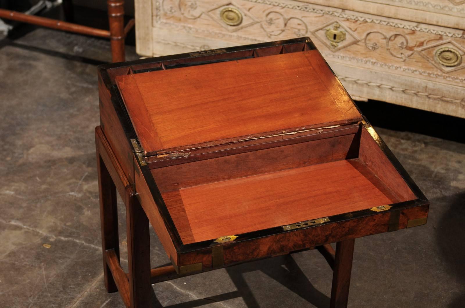 English 1873 Burled Walnut Box on Stand Lap Desk Fitted with Black Leather 3