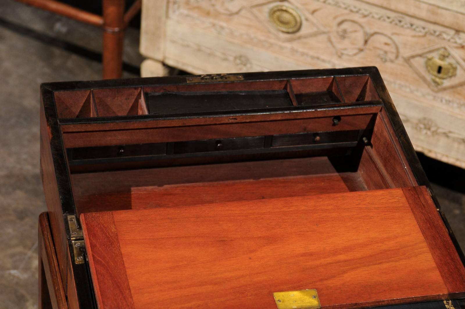 English 1873 Burled Walnut Box on Stand Lap Desk Fitted with Black Leather 4
