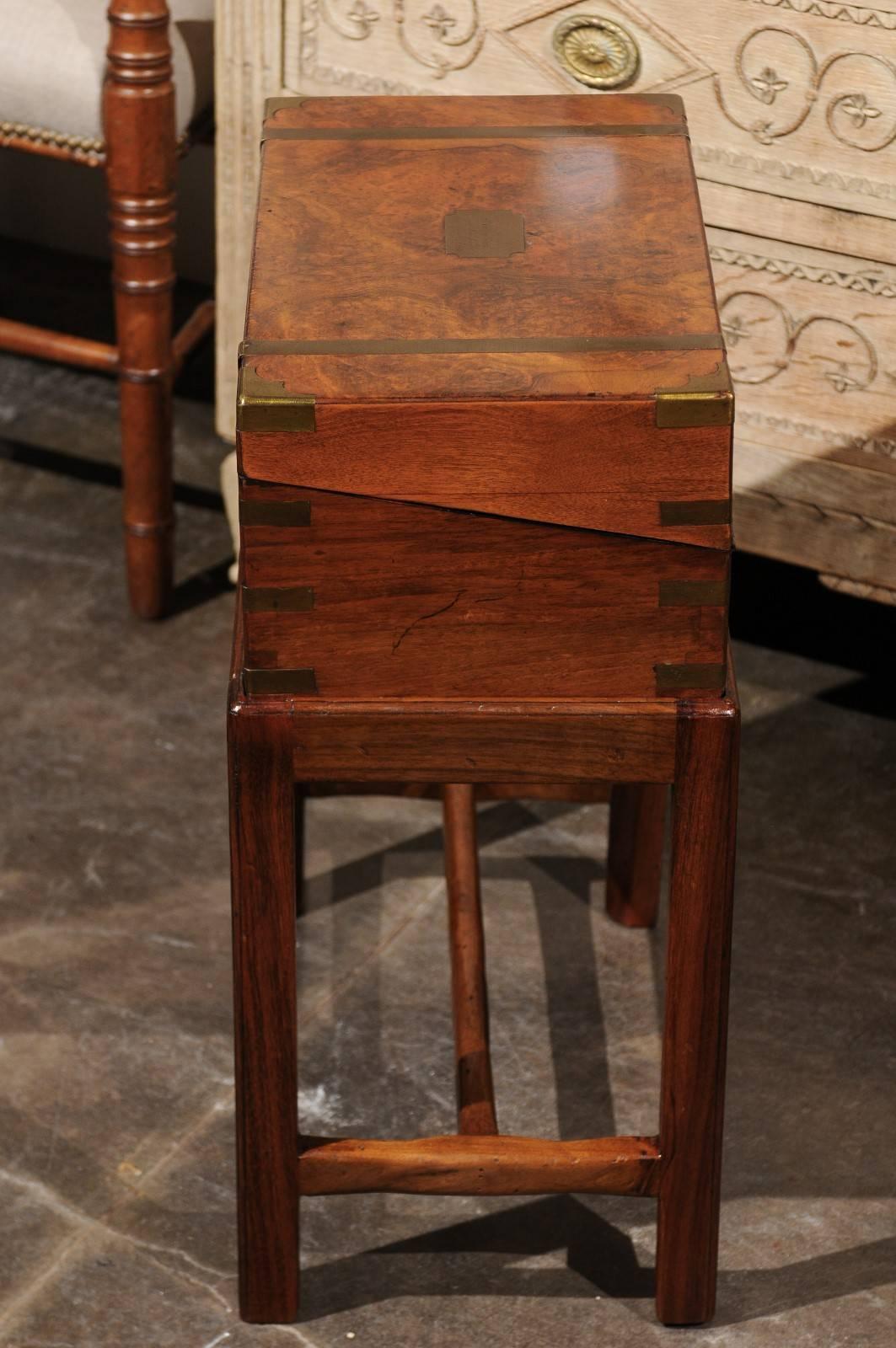 English 1873 Burled Walnut Box on Stand Lap Desk Fitted with Black Leather 5