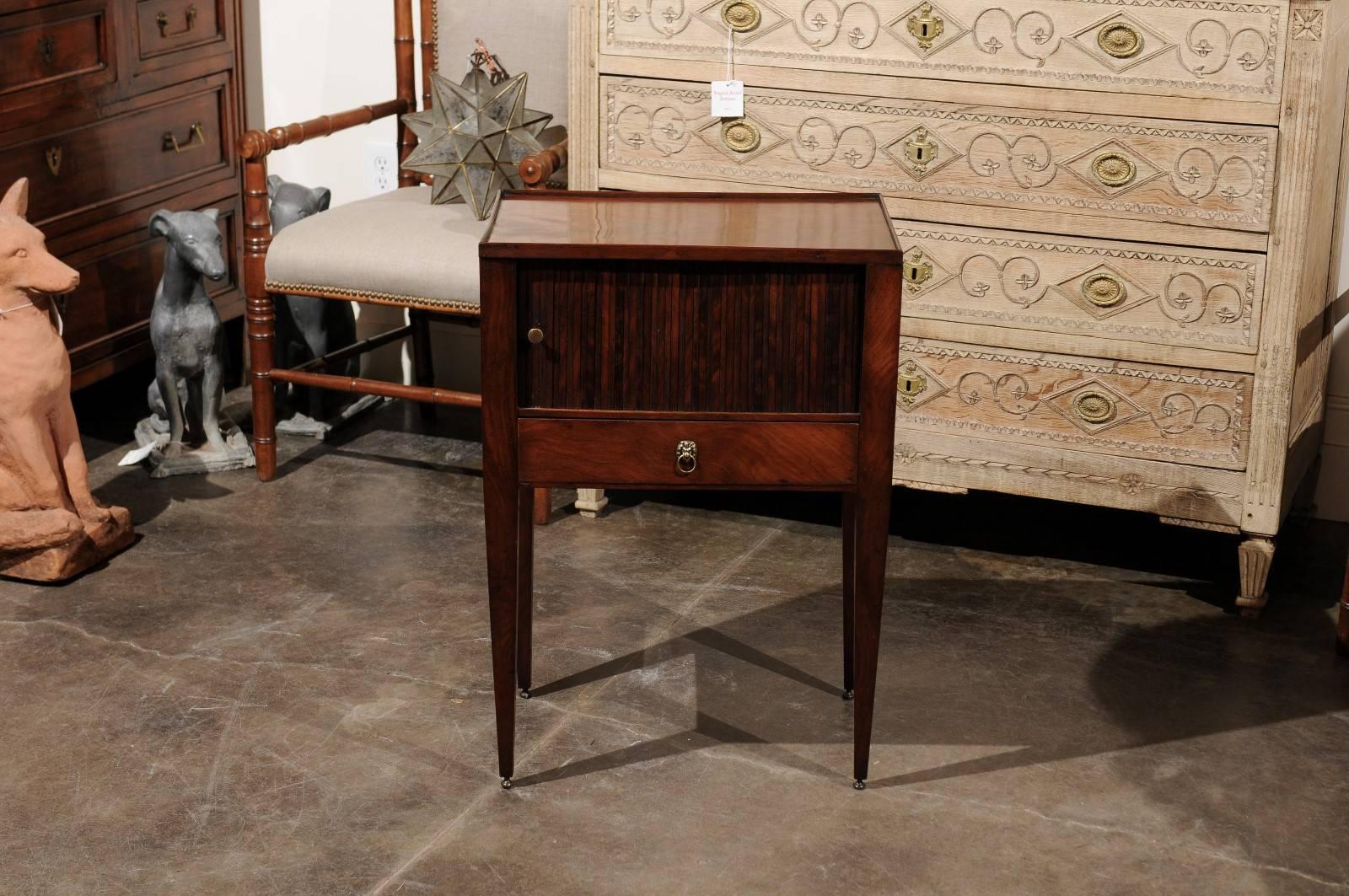 English 1880 Wooden Side Table with Tambour Door, Single Drawer and Tapered Legs In Excellent Condition In Atlanta, GA