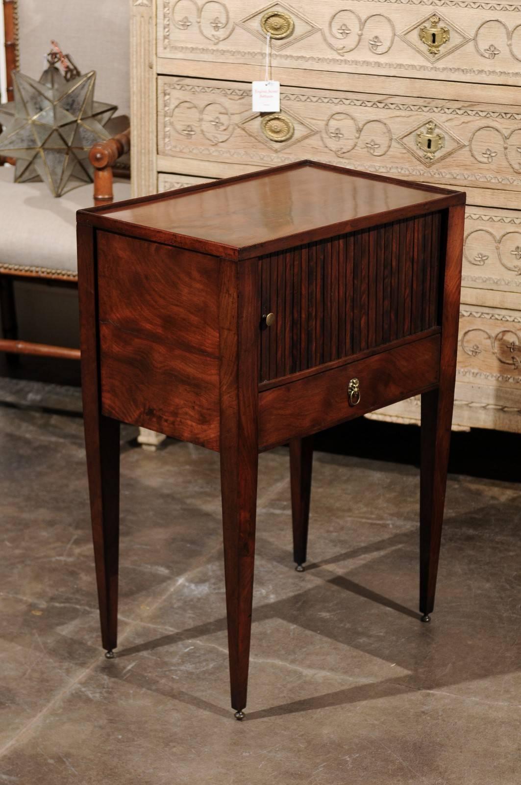 Brass English 1880 Wooden Side Table with Tambour Door, Single Drawer and Tapered Legs