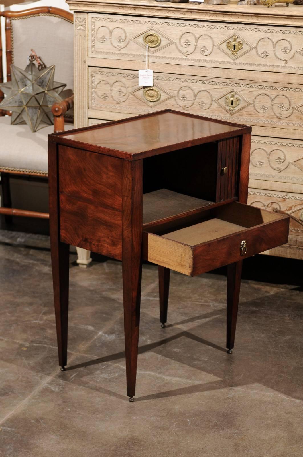 19th Century English 1880 Wooden Side Table with Tambour Door, Single Drawer and Tapered Legs
