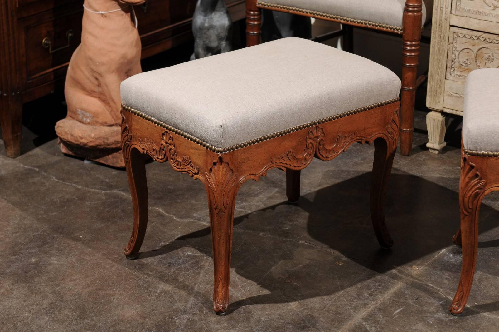 Pair of Rococo Style Italian Carved Walnut Stools with Linen Upholstered Seats 1
