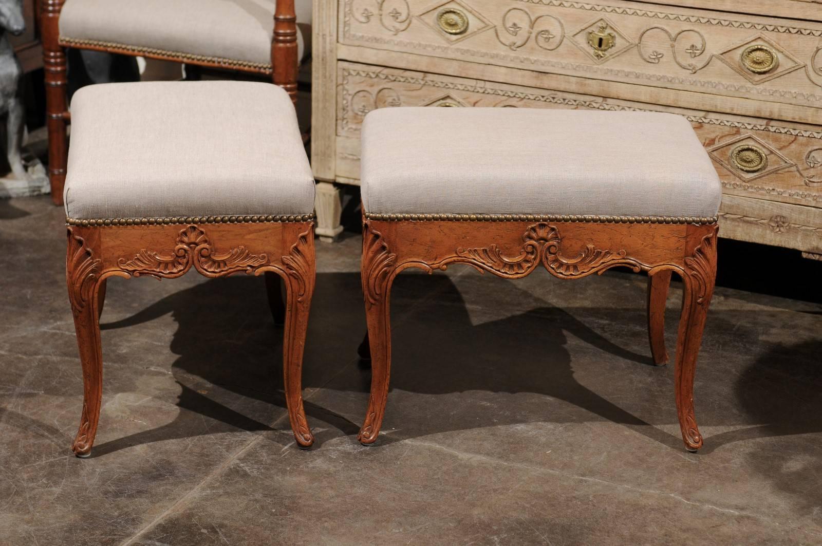Pair of Rococo Style Italian Carved Walnut Stools with Linen Upholstered Seats 2