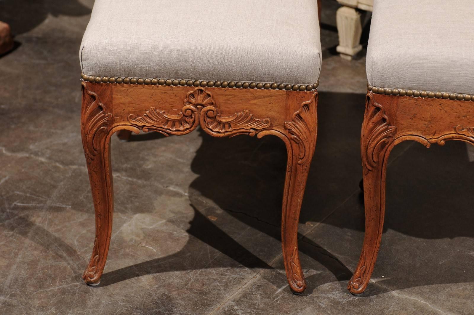 Pair of Rococo Style Italian Carved Walnut Stools with Linen Upholstered Seats 3