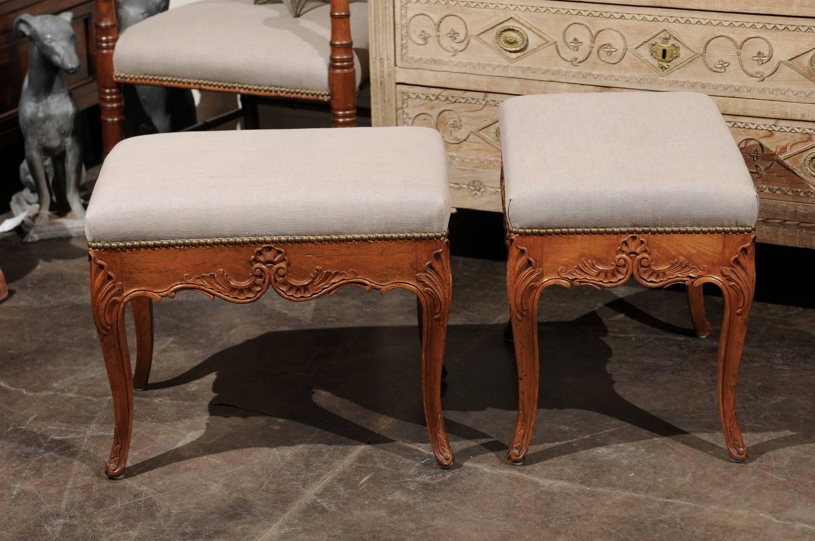 Pair of Rococo Style Italian Carved Walnut Stools with Linen Upholstered Seats 4