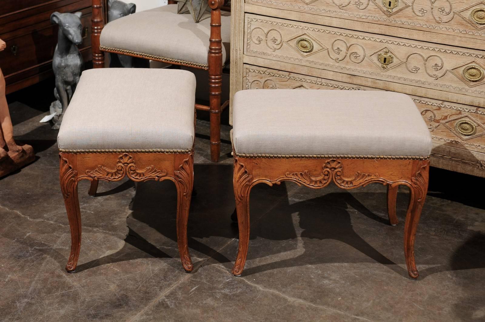 Pair of Rococo Style Italian Carved Walnut Stools with Linen Upholstered Seats 5