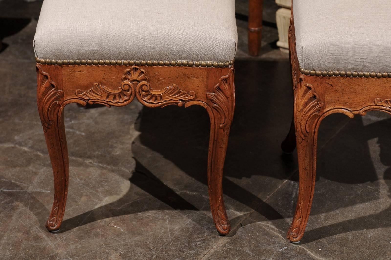 Pair of Rococo Style Italian Carved Walnut Stools with Linen Upholstered Seats 6