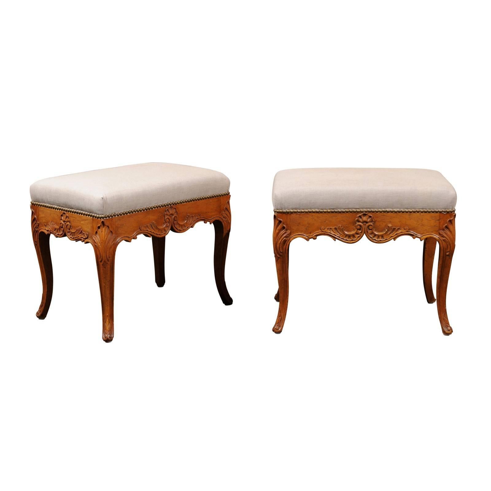 Pair of Rococo Style Italian Carved Walnut Stools with Linen Upholstered Seats
