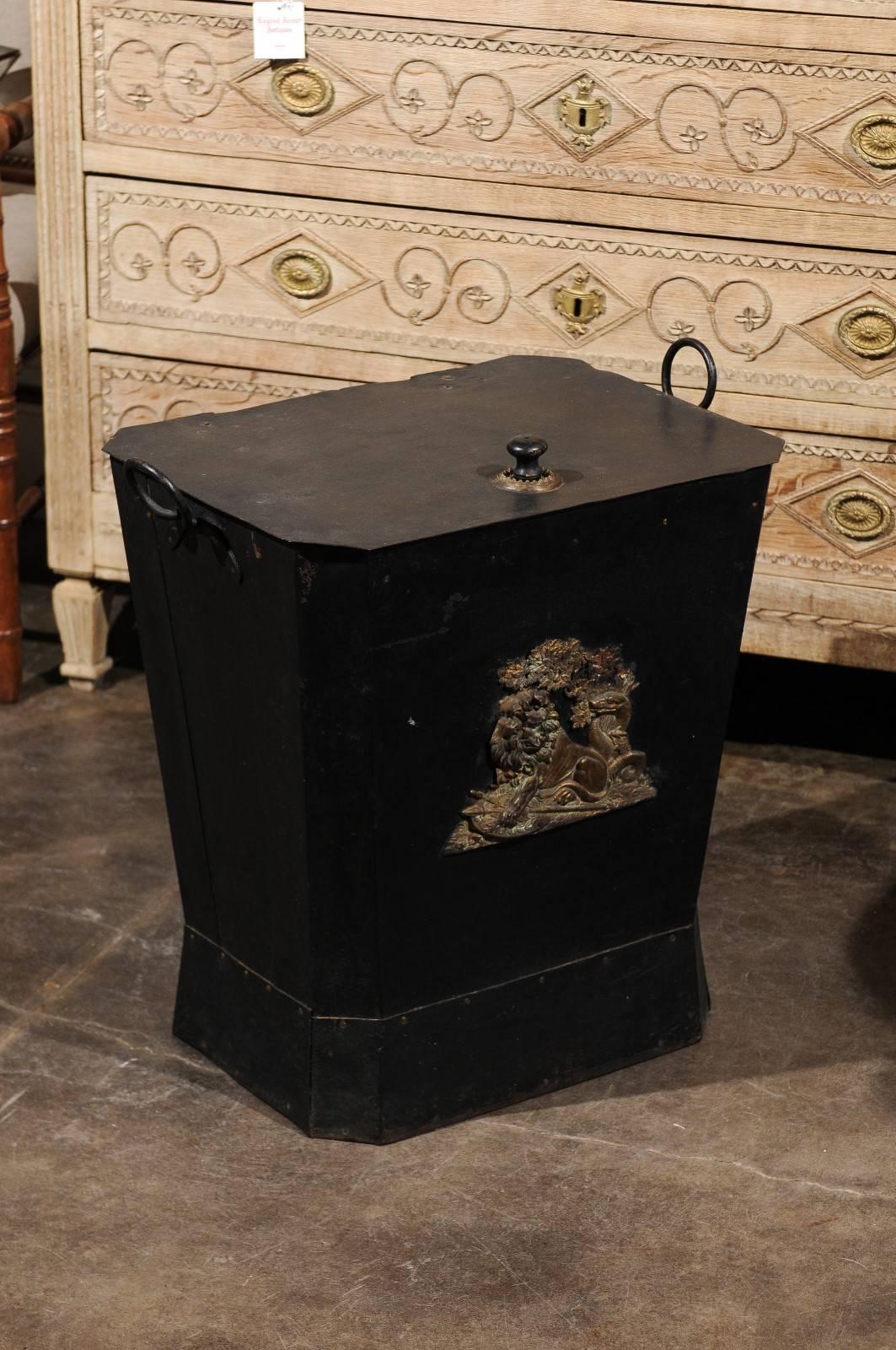 Painted English Black Metal Coal Scuttle with Bronze Lion Reclining under a Tree