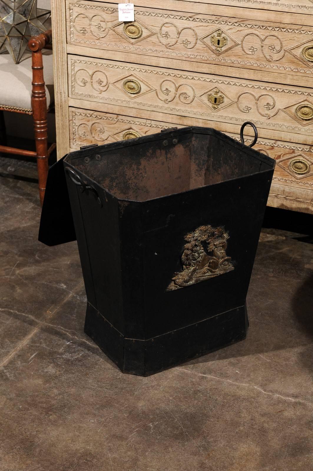 English Black Metal Coal Scuttle with Bronze Lion Reclining under a Tree 4