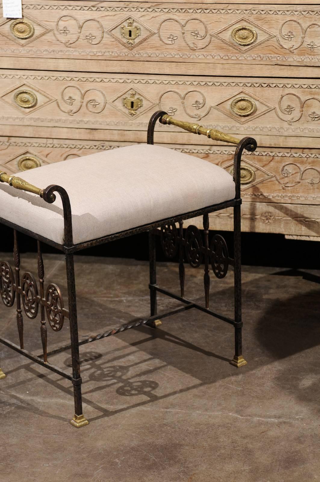 Italian 1920s Wrought-Iron Upholstered Bench with Bronze Accents In Good Condition In Atlanta, GA